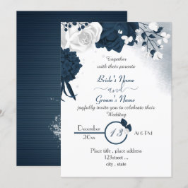 Invitation élégant bleu marine et fleurs blanches mariage