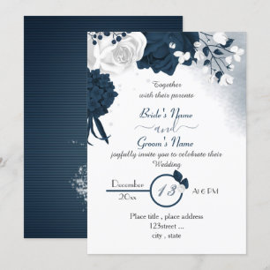 Invitation élégant bleu marine et fleurs blanches mariage