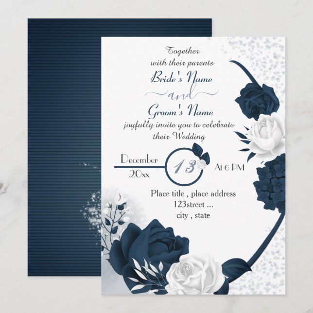 Invitation élégant bleu marine et fleurs blanches mariage (Devant / Derrière)