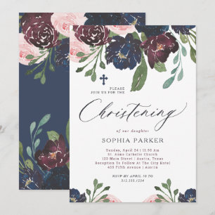 Invitation Elégant bleu marine et flore de prune Christing