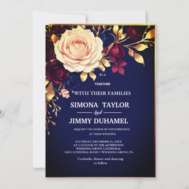 Invitation Elégant bleu marine Floral or Blush rose Mariage (Devant)