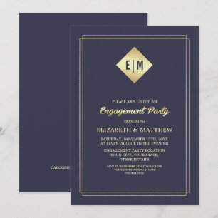 Invitation Elégant bleu marine   Gold Engagement Party