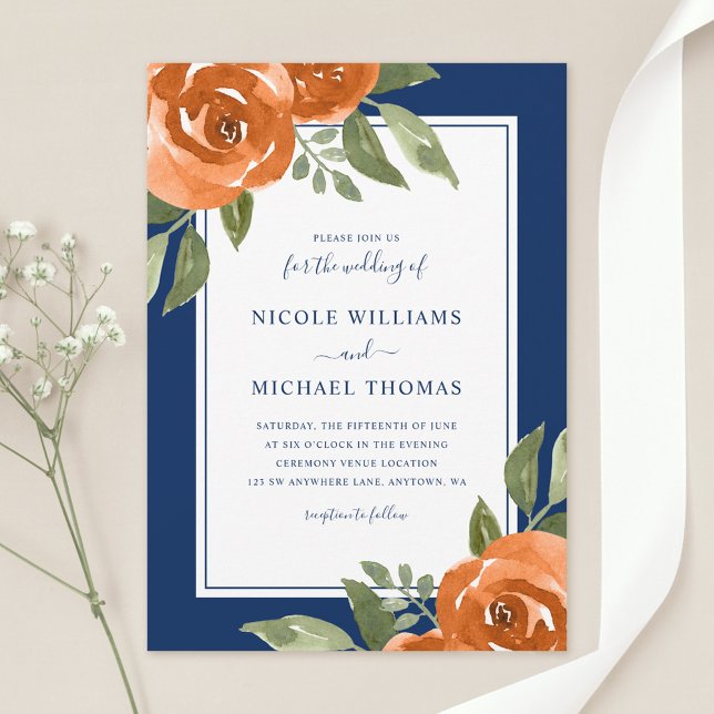 Invitation Elégant bleu marine orange aquarelle Mariage flora (Créateur téléchargé)