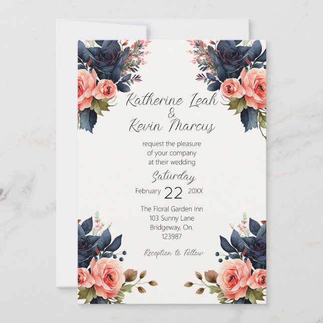 Invitation Elégant bleu marine Rose Aquarelle Floral (Devant)