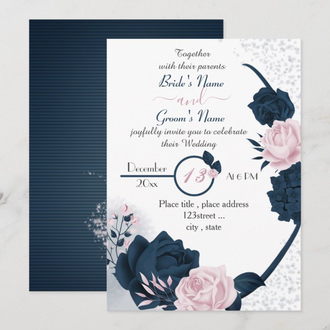 Invitation élégant bleu marine & rose fleurs mariage (Devant / Derrière)
