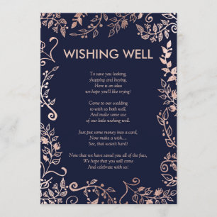 Invitation Elégant bleu marine Rose or Floral Wishing well