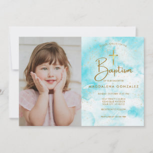 Invitation Elégant bleu moderne Aquarelle or Croix Baptême