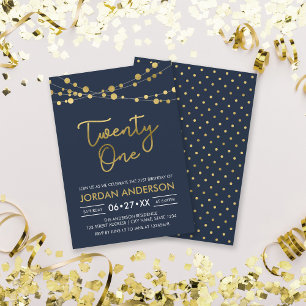 Invitation Elégant bleu moderne Faux Gold Lights 21e annivers
