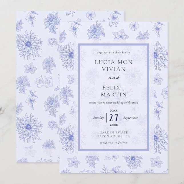 Invitation Elégant bleu neutre Ombre floral Mariage (Devant / Derrière)