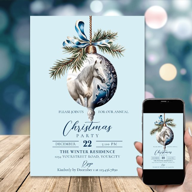 Invitation Élégant bleu Noël blanc cheval équestre (Elegant blue Christmas white horse equestrian Invitation)