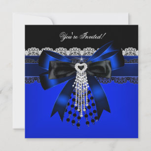 Invitation Élégant bleu noir blanc diamant perle dentelle soi