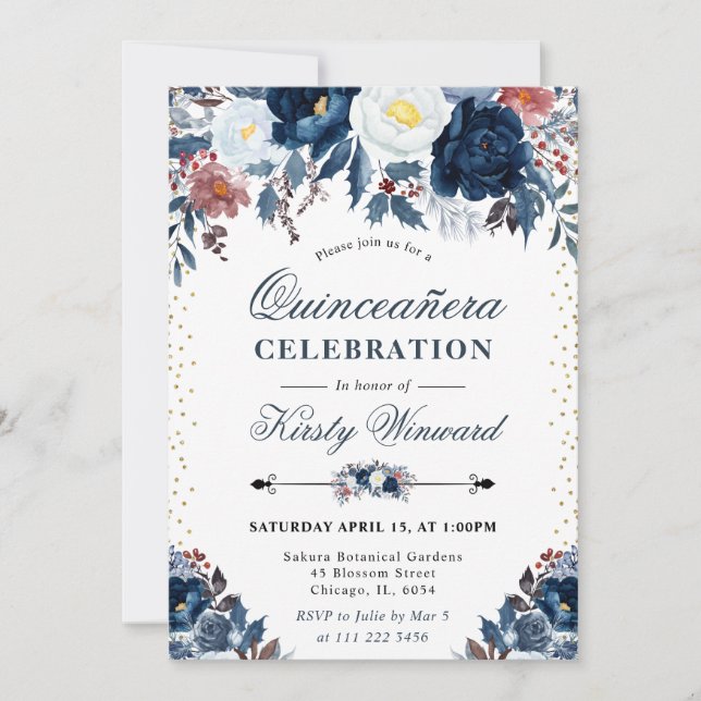 Invitation Élégant Bleu Nuit et Bleu Clair Floral Quinceañera (Devant)