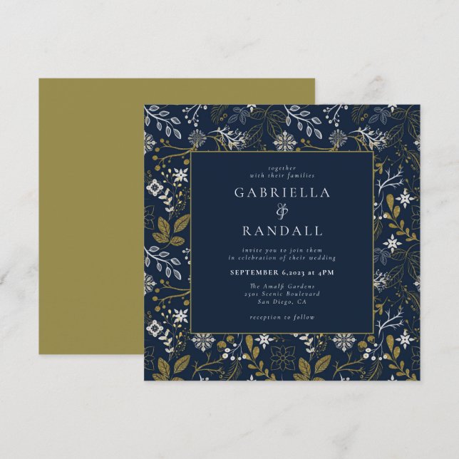 Invitation Élégant Bleu Or Argent Botanique Mariage d'impress (Devant / Derrière)