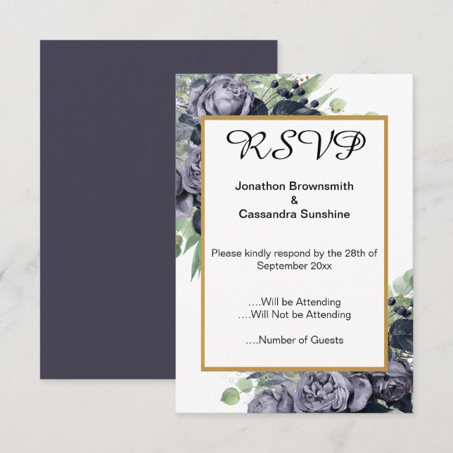INVITATION ÉLÉGANT BLEU OR EUCALYPTUS ROSE  RSVP (Devant / Derrière)