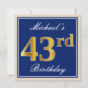 Invitation Élégant, Bleu, Or Faux 43e Anniversaire + Nom