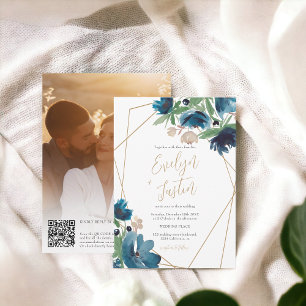 Invitation Elégant bleu or Floral Aquarelle QR Mariage