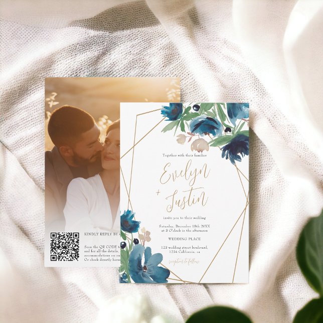 Invitation Elégant bleu or Floral Aquarelle QR Mariage (Elegant dusty blue gold Floral Watercolor Wedding Invitation)