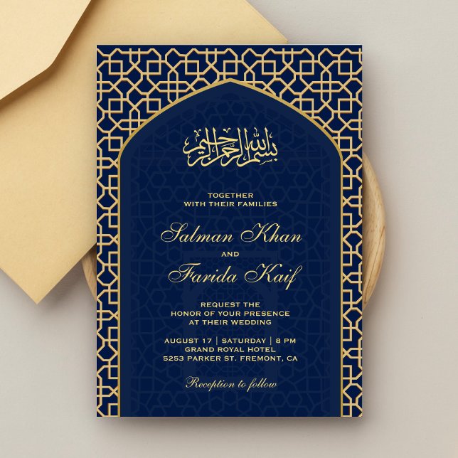 Invitation Elégant bleu or islamique Mihrab Mariage musulman (Créateur téléchargé)