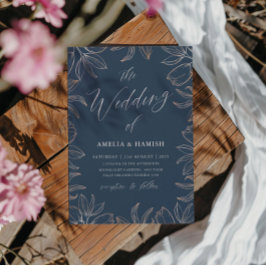 Invitation Elégant Bleu & or Rose Mariage de feuillage