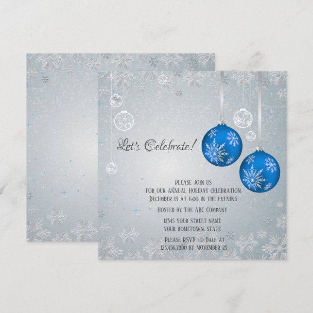 Invitation Élégant Bleu Ornements Silver Snowflakes Noël (Devant / Derrière)