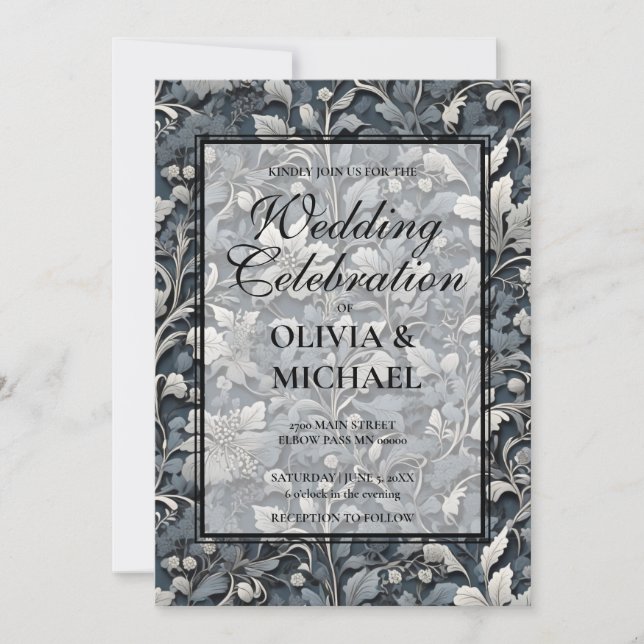 Invitation Elégant bleu poussiéreux argent blanc gris gris fl (Devant)