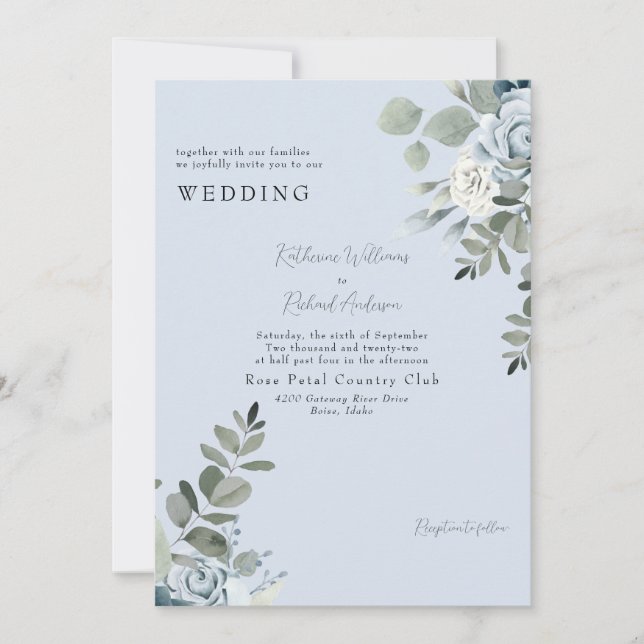 Invitation Élégant Bleu Poussiéreux Floral Mariage Sans Paren (Devant)