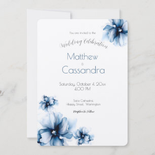 Invitation Élégant Bleu Poussiéreux Marine Fleurs Mariage