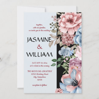 Invitation Élégant bleu poussiéreux rose poussiéreux floral