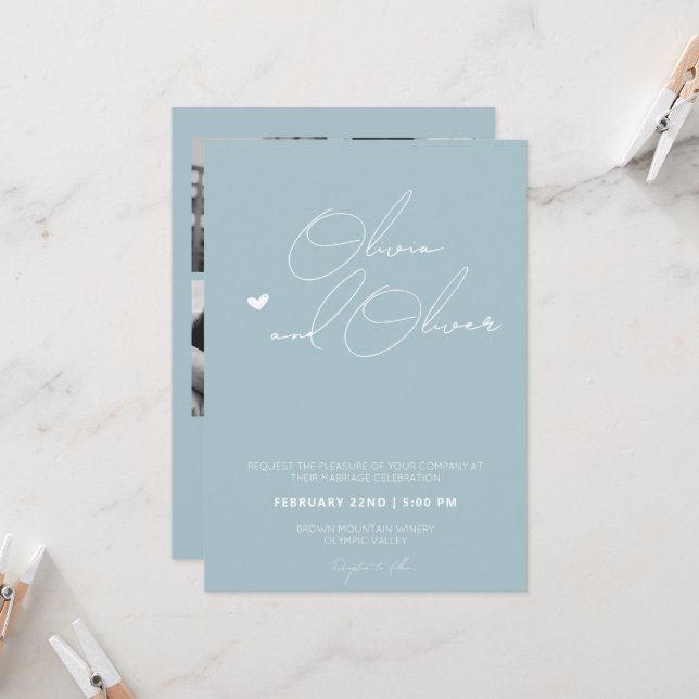 Invitation Elégant bleu poussiéreux tout en un mariage (Devant/Arrière en situation)