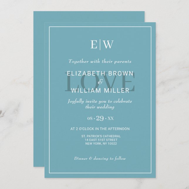 Invitation Élégant bleu rétro simple avec Mariage Monogram (Devant / Derrière)