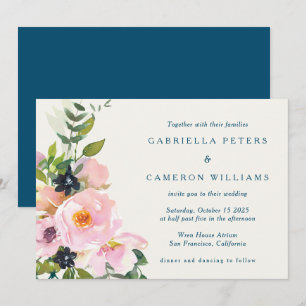Invitation Elégant bleu rose Floral Aquarelle Mariage moderne