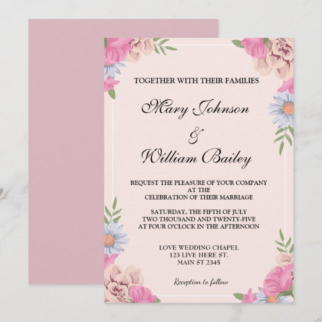 Invitation Elégant bleu rose Floral Fleurs de mariage sur mes (Devant / Derrière)