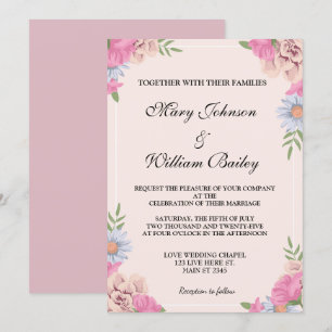 Invitation Elégant bleu rose Floral Fleurs de mariage sur mes