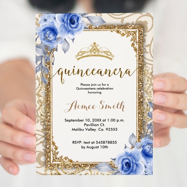 Invitation Elégant bleu Rose Floral Gold Mis Quince (Créateur téléchargé)
