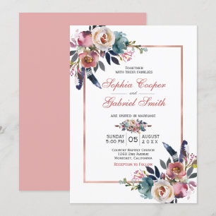 Invitation Élégant bleu rose floral   Mariage Rose Gold Frame