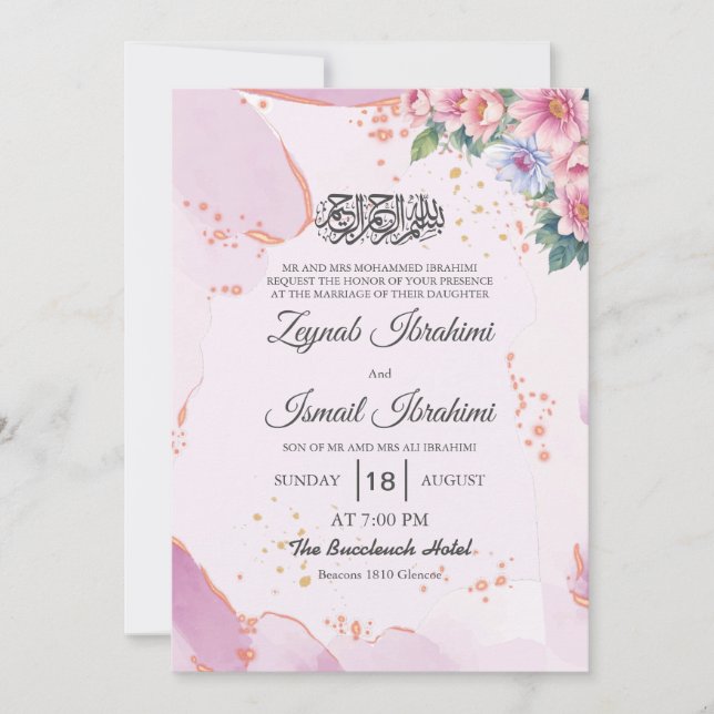 Invitation Elégant bleu rose Floral musulman musulman Mariage (Devant)