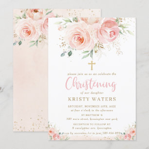 Invitation Élégant Bleu Rose Floral Or Christening