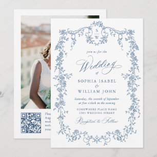 Invitation Elégant bleu Rose jardin mariage code QR