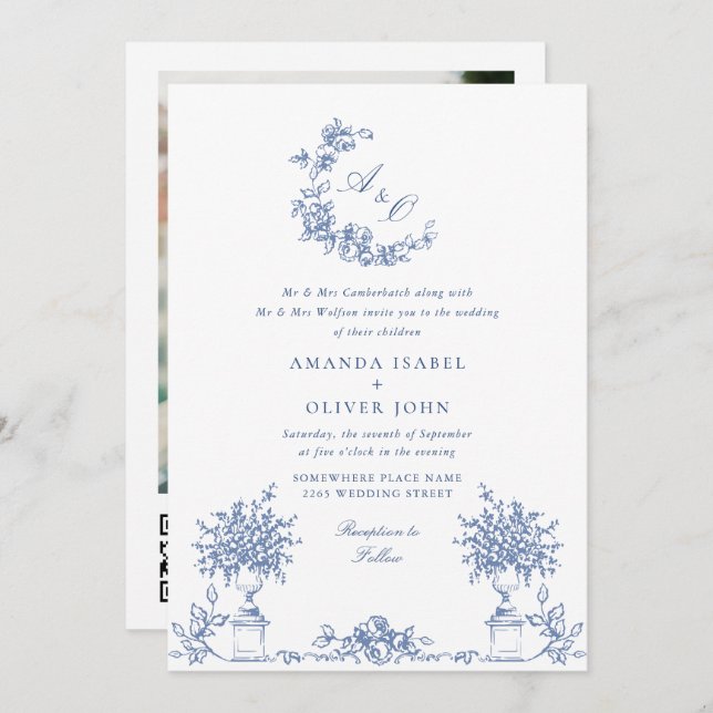 Invitation Elégant bleu Rose jardin mariage code QR (Devant / Derrière)