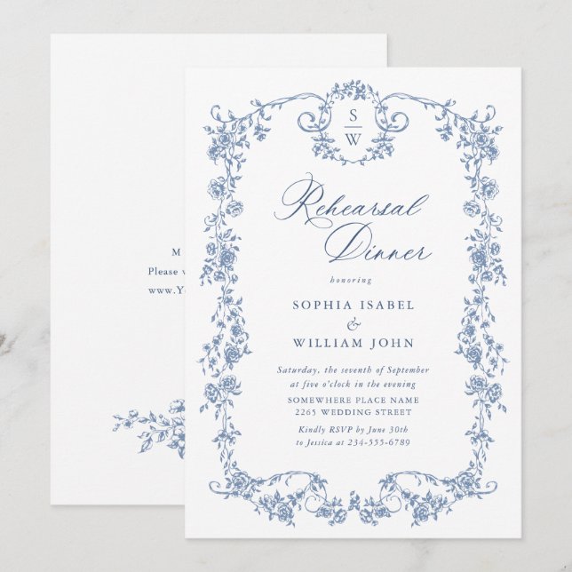 Invitation Elégant Bleu Rose Toile Reprêtre Dîner (Devant / Derrière)