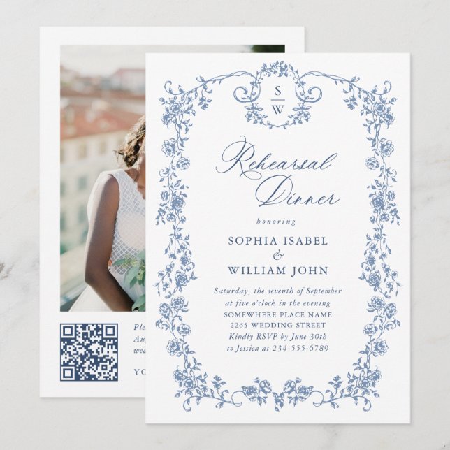 Invitation Elégant Bleu Rose Toile Reprêtre Dîner (Devant / Derrière)