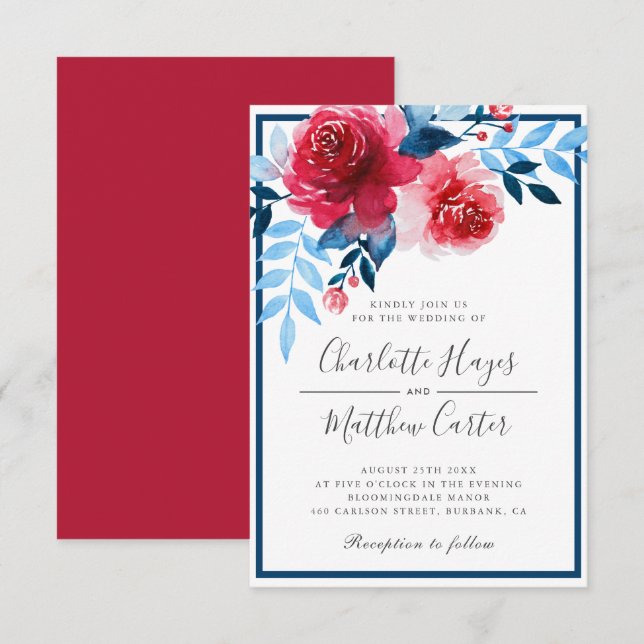 Invitation Elégant bleu rouge Floral Aquarelle Rose Mariage (Devant / Derrière)