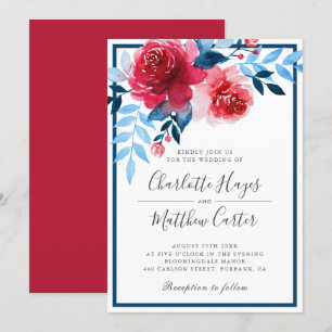 Invitation Elégant bleu rouge Floral Aquarelle Rose Mariage