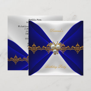 Invitation Elégant Bleu Royal Anniversaire Or Bijou Soie Blan