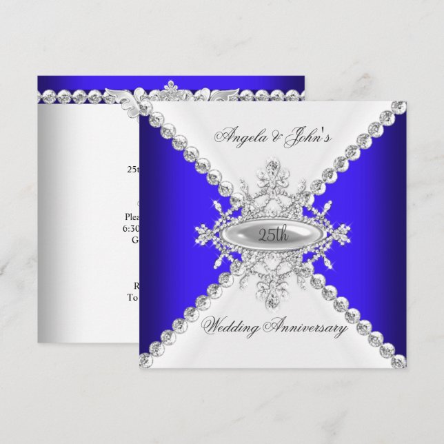 Invitation Élégant Bleu Royal Blanc 25e Anniversaire de Maria (Devant / Derrière)