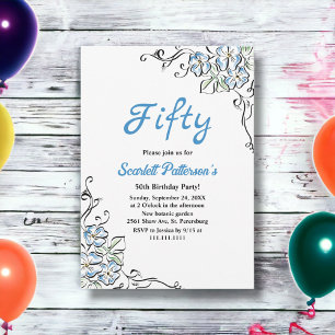 Invitation Elégant bleu rustique Rose Floral 50e anniversaire