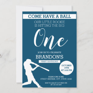 Invitation Elégant Bleu Silhouette Baseball 1er anniversaire