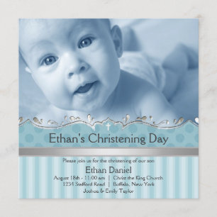 Invitation Elégant Bleu Stripe Boys Photo Christing
