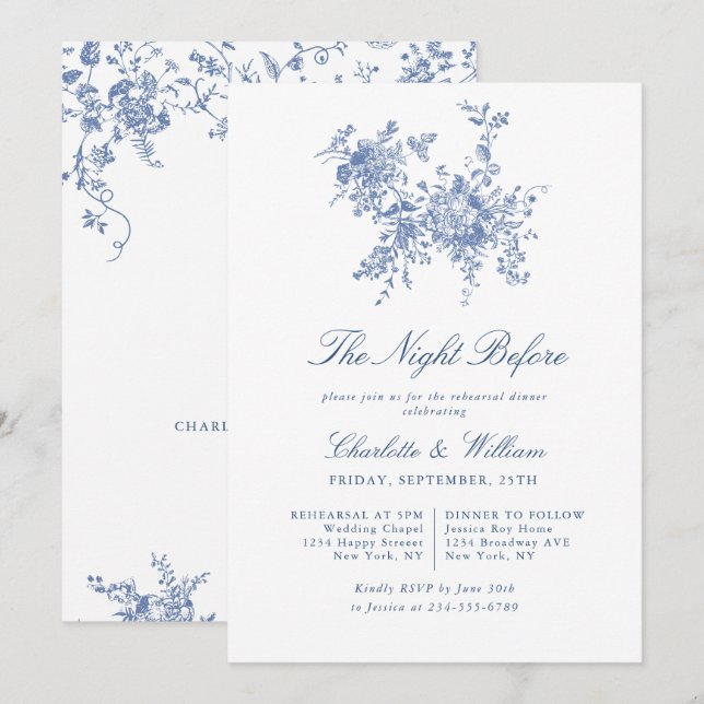 Invitation Elégant Bleu Toile Français Jardin Répétition Dîne (Devant / Derrière)