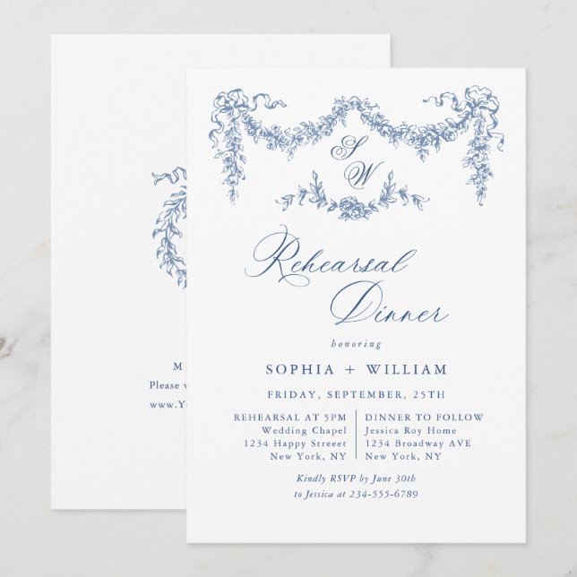 Invitation Elégant Bleu Toile Français Jardin Répétition Dîne (Devant / Derrière)